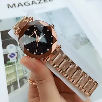 

Luxury Crystal Star Sky Women's Watch Gold Steel Belt Water Star Sky Dail Bracelet Watch Polygon Gift Clock