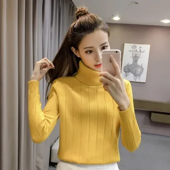 

2019 Gao Collar Knitting Sweater Female Slim Fit Pullover Thicken Long Sleeve Joker Backing Shirt