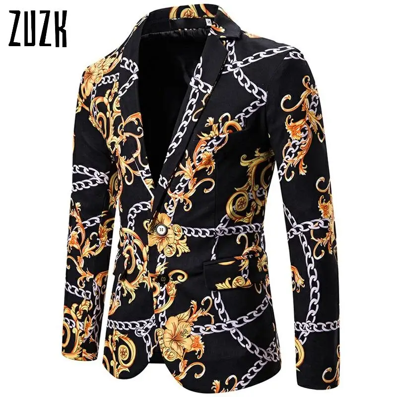 

ZUZK Fashion Gold Chain Print Men's Blazers And Suit Jackets New Single Breasted Floral Blazer Men Prom Formal Blazer Homme