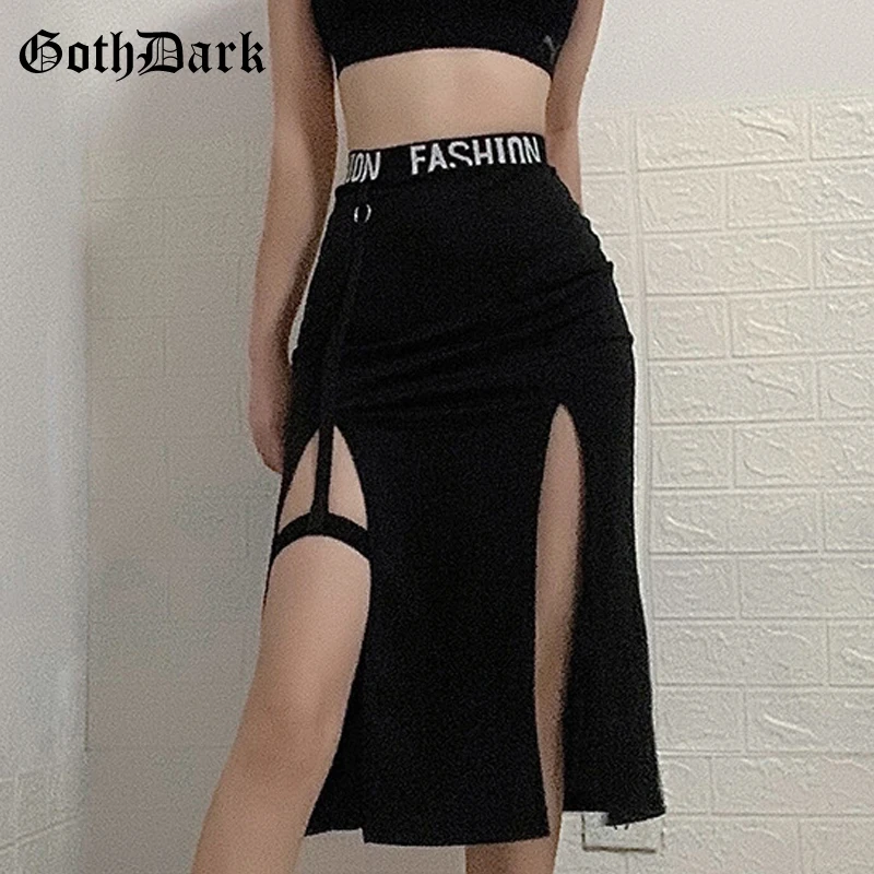Goth Dark Gothic High Waist Black Midi Dress Y2k Grunge Patchwork Elastic Slit Hem A-line Midi Skirts Women Autumn Streetwear