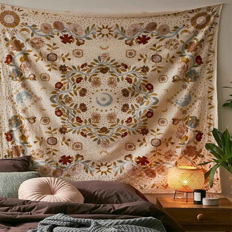 Botanical Celestial Floral Tapestry Wall Hanging Moon Phase Hippie Flower Carpets Room Decor Aesthetic | Дом и сад