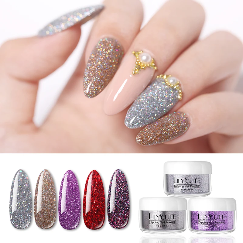 

LILYCUTE 5g Dipping Nail Powders Base Coat Gradient French Nail Natural Color Holographic Glitter Cure Nail Art Decorations