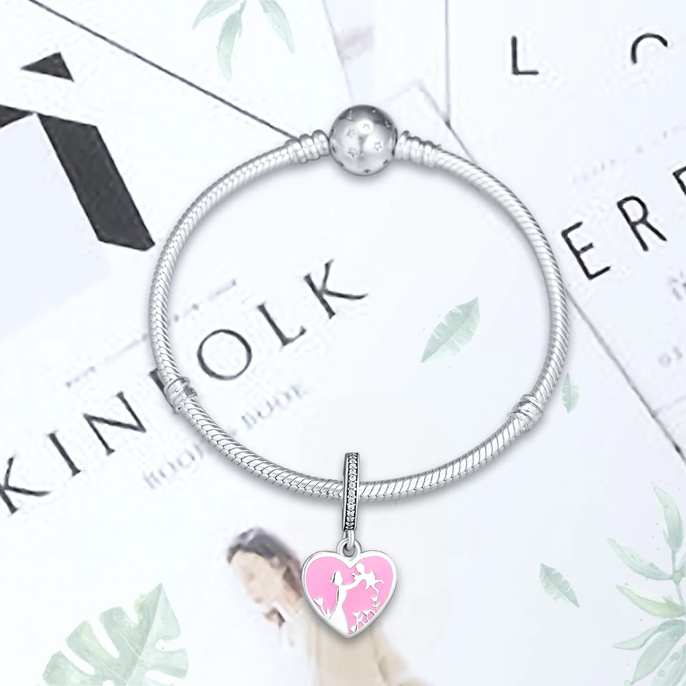 DIY Подходит для Pandora шармы браслеты мама и дочь бусины с нежно-розовые эмалевые стерлингового серебра 925-ювелирные изделия