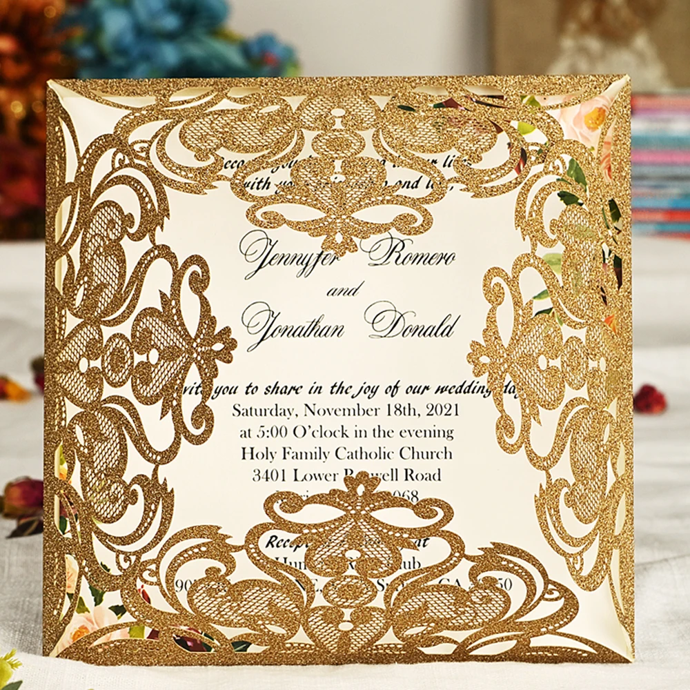 

WISHMADE 50PCS Glitter Wedding Invitations with Laser Cut Hollow Flower Invites Cards for Bridal Shower Party, Customized