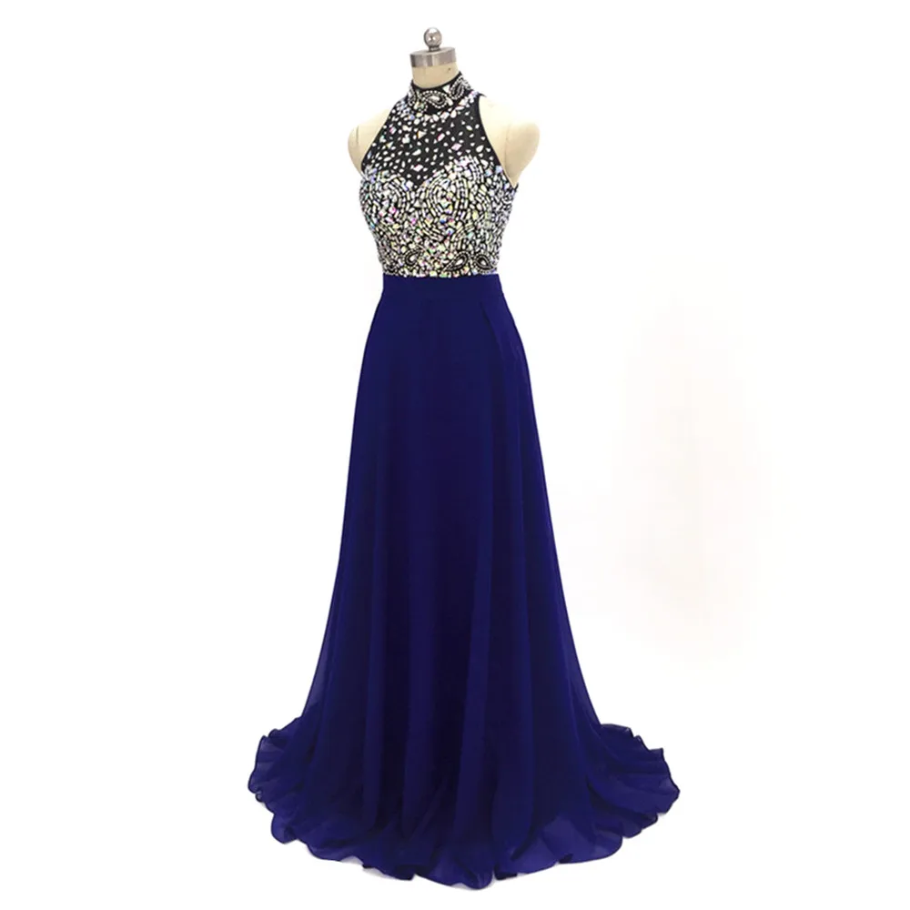 Beading Crystal Long Chiffon Prom Dresses Navy 2020 Royal Blue Open Back Sequined Formal Evening Party Gown Vestido De Festa