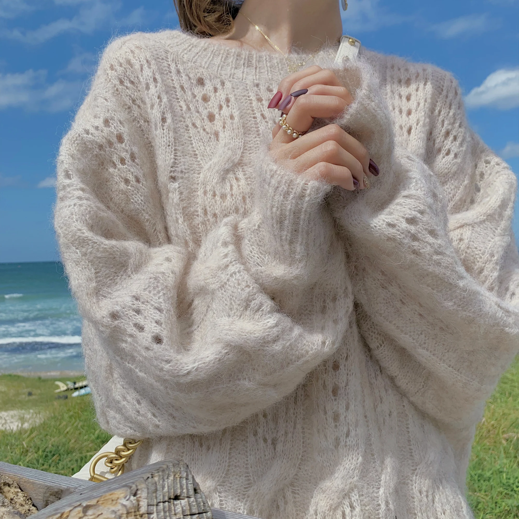JSXDHK 2023 New Autumn Women's Mohair Pullovers Fashion Lazy Korean Pink O  Neck Knitting Hollow Out Soft Thin Sweaters Knitwear
