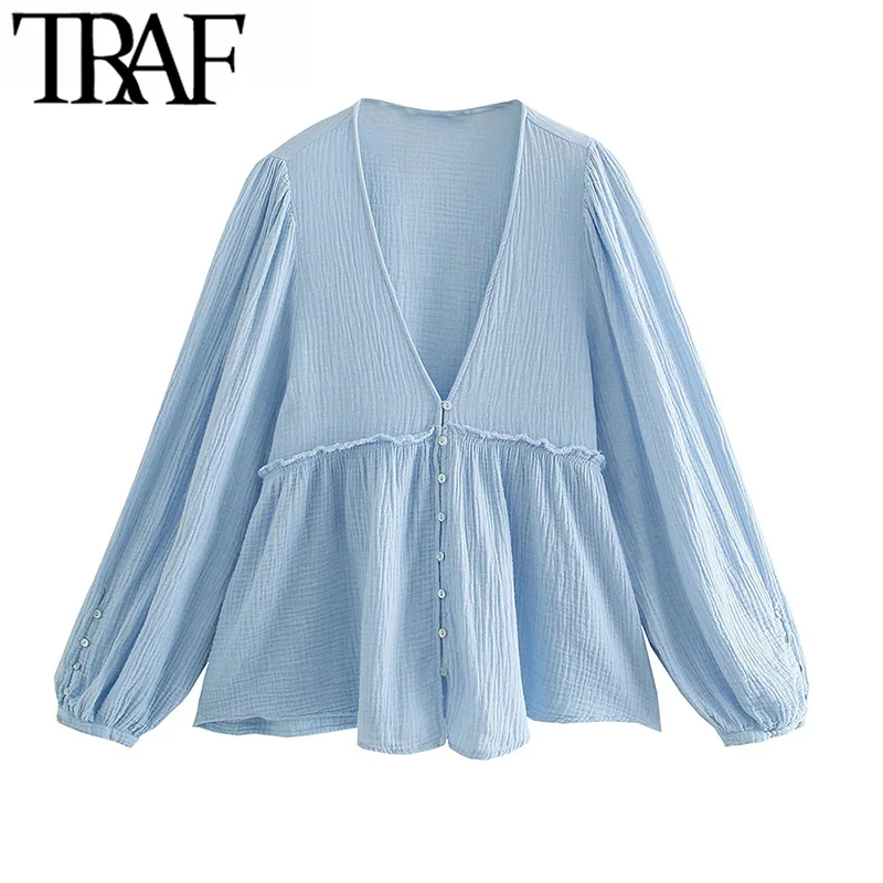 TRAF Women Fashion With Buttons Ruffled Blouses Vintage V Neck Long ...