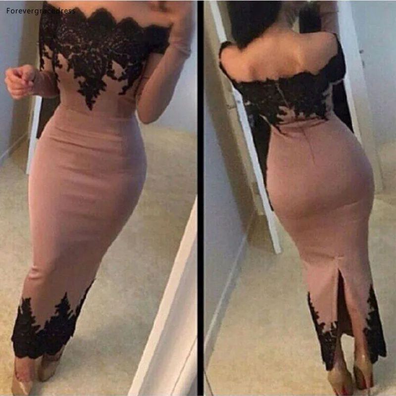 Vestidos De Noiva 2015 New Prom Dresses Off the shoulder Long Sleeve Lace Appliques Sheath Ankle Length Formal Party Dress Evening Gowns  136