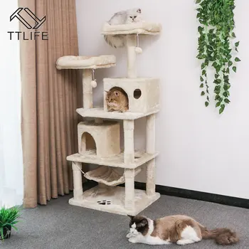 

Beige Cat Tree Condo Furniture Kitten Activity Tower Pet Kitty Play House with Scratching Posts Perches Hammock Light Yellow