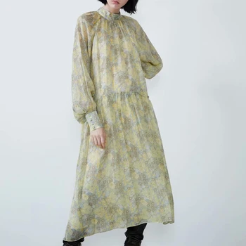 

2019 Autumn Winter New Korean Print Midi Dress Stand Collar Lantern Sleeve Draped A-Line Yelow Loose Long Sleeve Dress Women