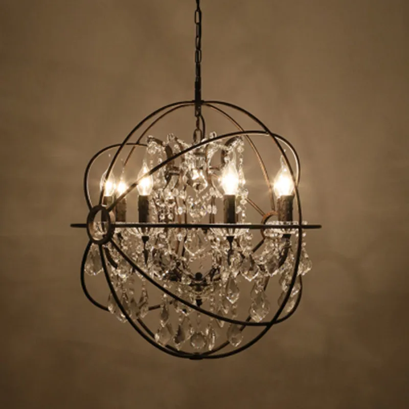 Dia55cm 5 Lights American Industrial Cage Crystal Rust/Black Pendant Lights Nordic Iron Chain Pendant Lamp Vintage Hanging Light