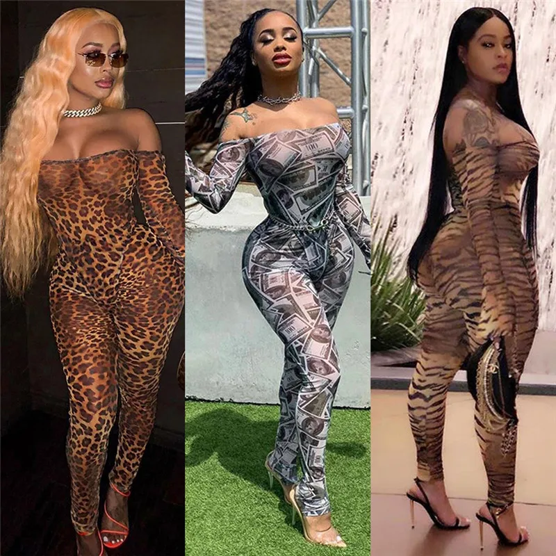 

hirigin 2019 Women Off Shoulder Slash Neck Jumpsuit Rompers Clubwear Long Flare Sleeve Print Party Bodycon Jumpsuits Clubwear