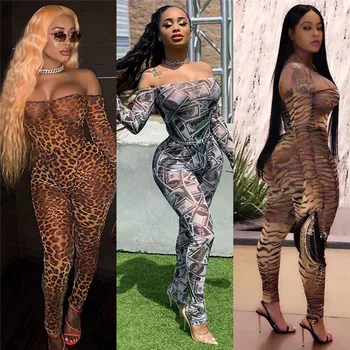 

hirigin 2019 Women Off Shoulder Slash Neck Jumpsuit Rompers Clubwear Long Flare Sleeve Print Party Bodycon Jumpsuits Clubwear