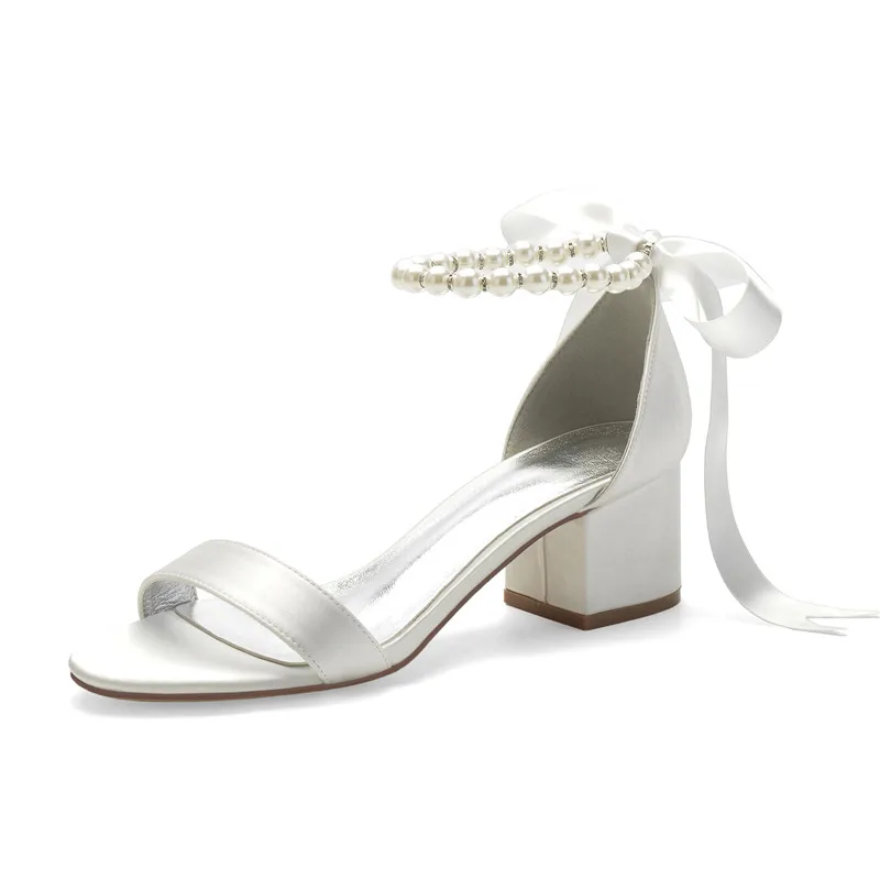 

Mid Heels Satin Pearls Wedding Sandals Open Toe Ribbon Tie Block Heel Prom Evening Formal Party Dress Sandals Shoes