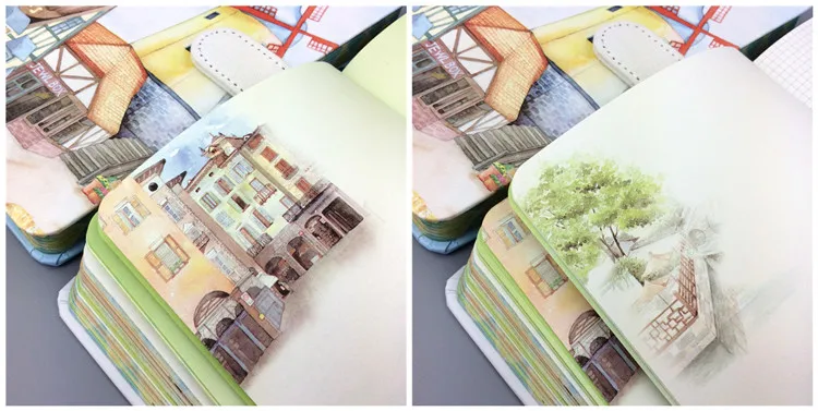 Small Fresh Hand Account 32K Color Page Magnetic Buckle Blank Notebook Coated Side Travel Account 3 Beautiful Town