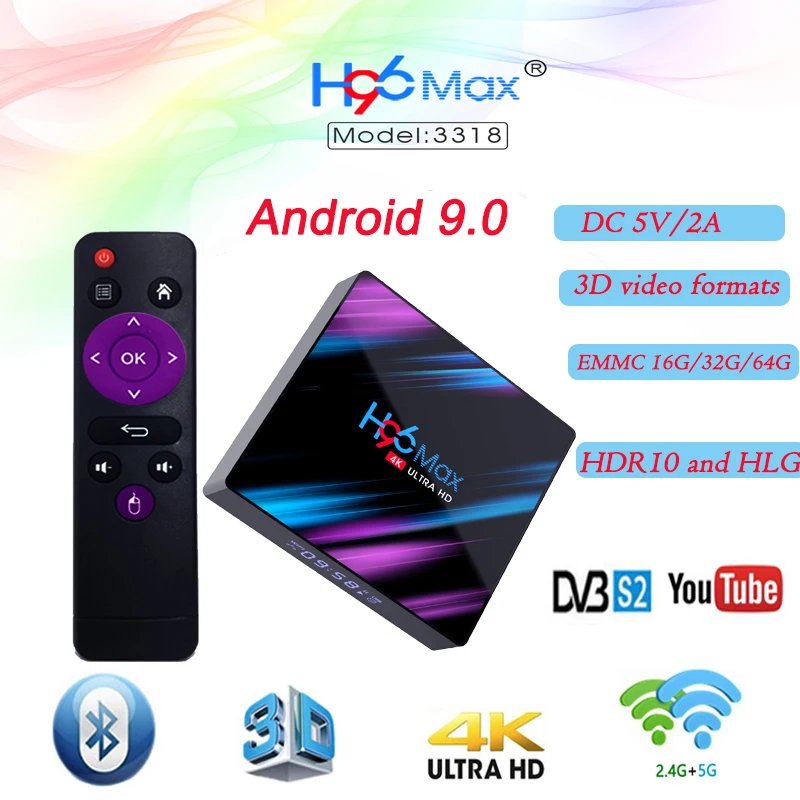 H96 max 3318 tv box android 9 0 64G WiFi беспроводной медиа-проигрыватель google Youtube 4K smart для
