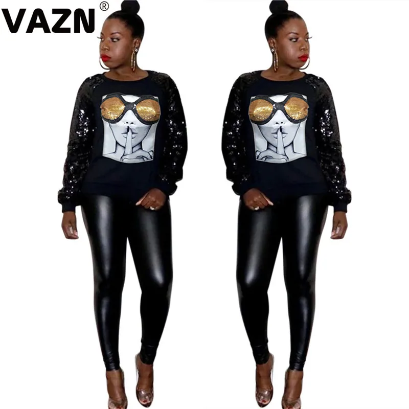 VAZN,, популярные, расшитые блестками, классические, черные, для молодых, повседневные, Неопрятные, модные, длинный рукав, для женщин, тонкие, обычные толстовки