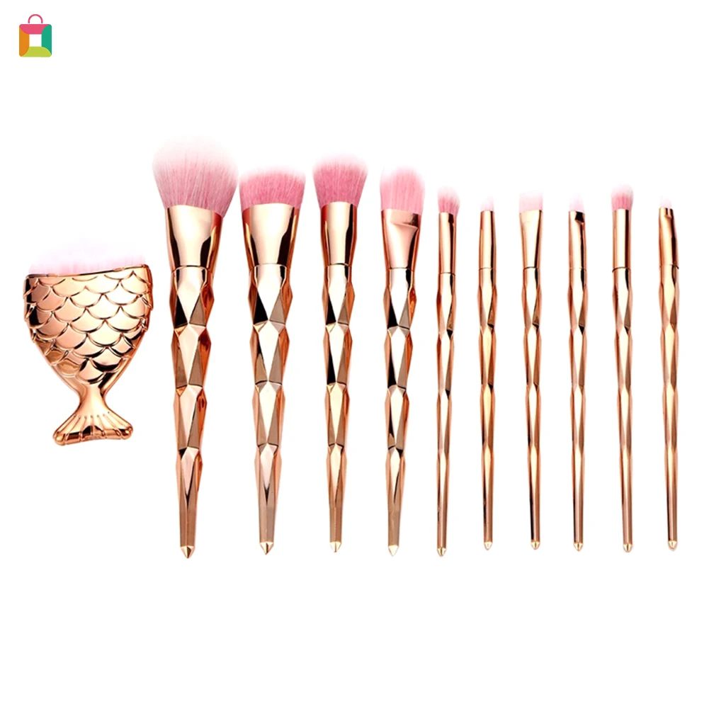 

11Pcs Portable Fishtail Champagne pink makeup brushes set Multi-function Facial Makeup Tool Kits eyeshadow blending beauty tool