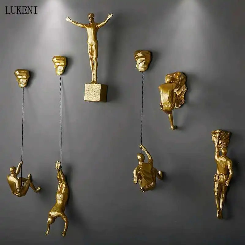 CustomizableGoldenRetroRockClimbingCharacterSculptureWall