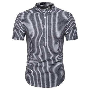 

Summer Mens Stripe Pullover Shirt Men Fashion Stand Collar Short-sleeved Thin Shirt for Male New European Size Shirts