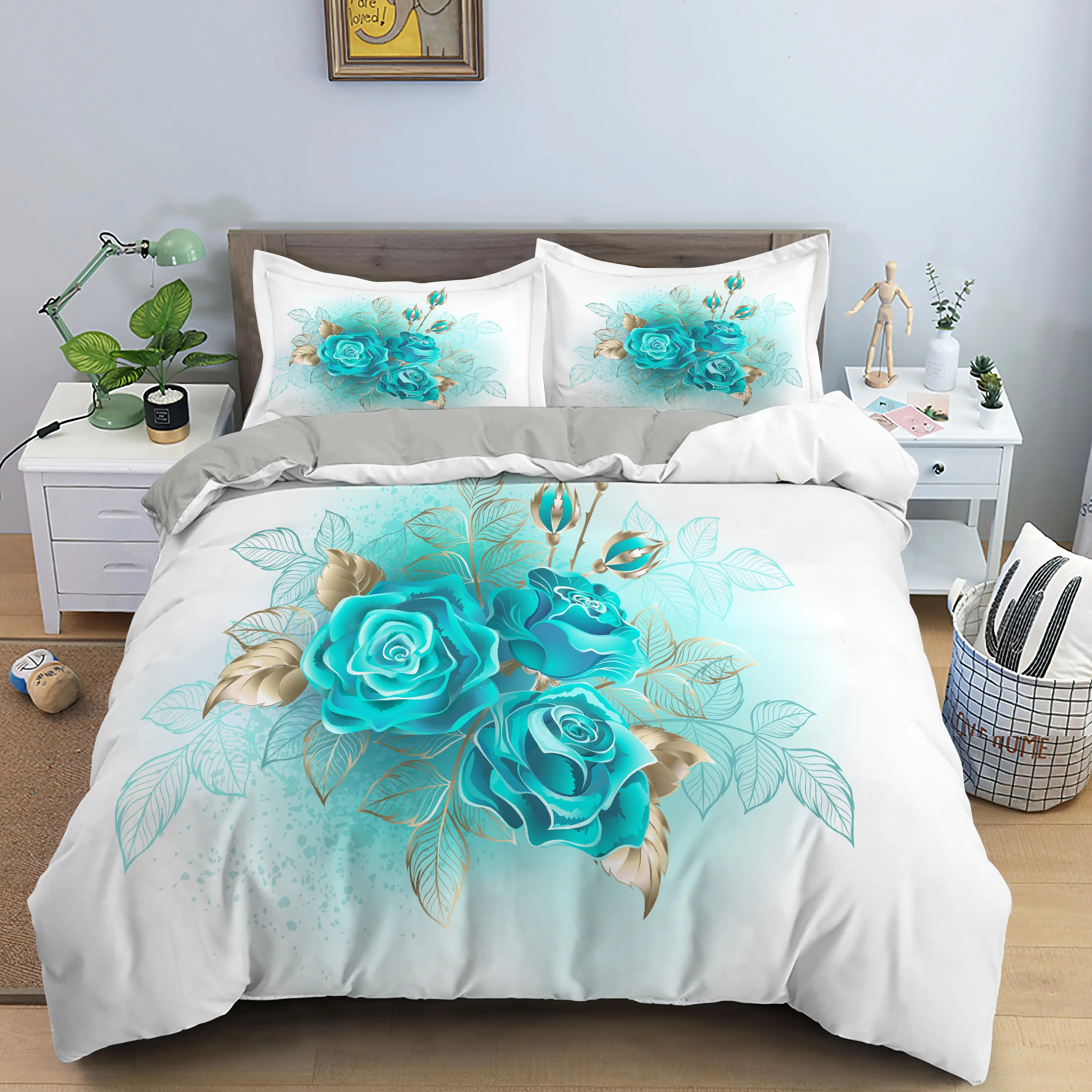 

Blue Rose Floral Bedding Sets Duvet Cover Bed Linen Bedclothes Twin/Queen/King Size for Kids Bed Room for Kids Girls Bed