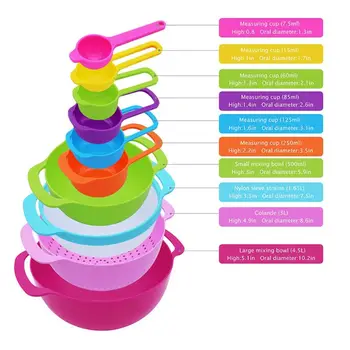 

10 Pcs Multicolor Mixing Bowls Set Salad Bowl Plastic Nesting Bowls Stackable Measuring Cups Spoon Sieve Strainer Kitchen Gadget