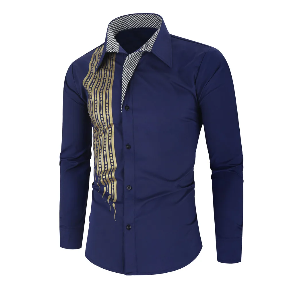 Navy Blue Роскошный золотистый и черный рубашка Для мужчин Slim Fit с длинными рукавами Camisa Masculina золотистый и черный Сорочка мужская, для общественных мест Для мужчин клуб нарядная рубашка - Цвет: Navy Blue