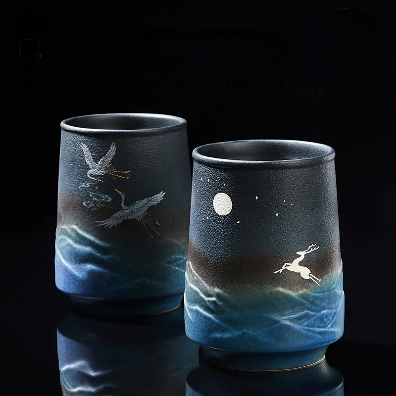 Ceramic Mug Chinese Wind Crane / Shenlu / Mountains and Seas / Sun Moon Gradient Cartoon Coffee Drinking Tea Large Beer Cup