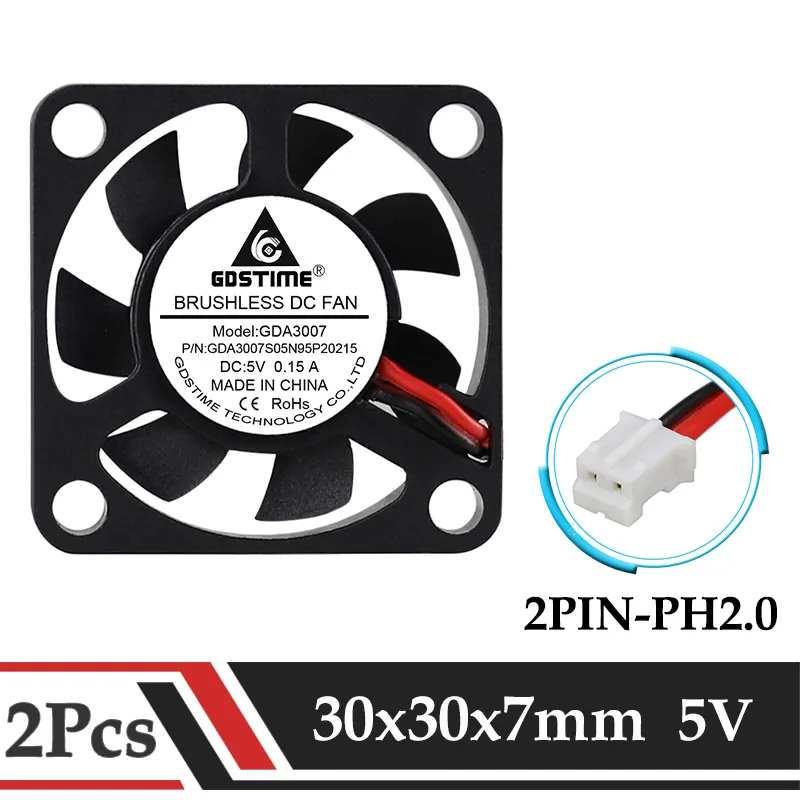 

Gdstime 2 Pieces 5V 2 Wire 30x30x7mm Small Micro DC Brushless Cooling Fan 30mm x 7mm 2Pin 2.0 3cm 3007