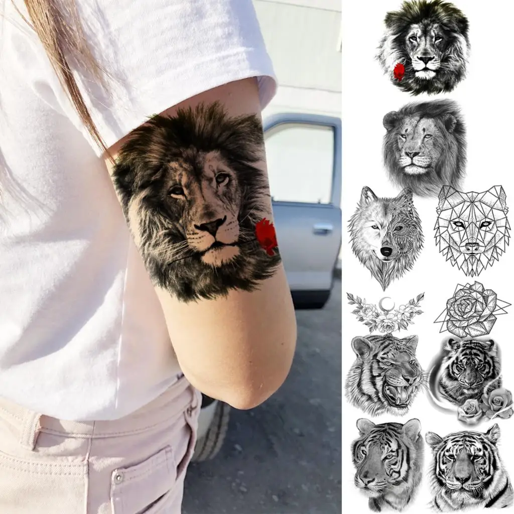 

3D Black Lion Head Rose Flower Temporary Tattoos For Women Adult Men Geometric Wolf Tiger Fake Tattoo Forearm Waterproof Tatoos