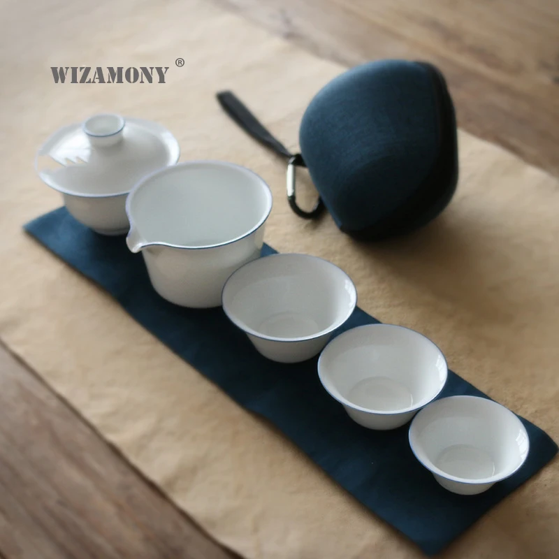 WIZAMONY Travel Bag Chinese Kung Fu Tea set gaiwan teapot teacups Glass fair mug tea sets white ceramic fot gift puer Drinkware | Дом и сад
