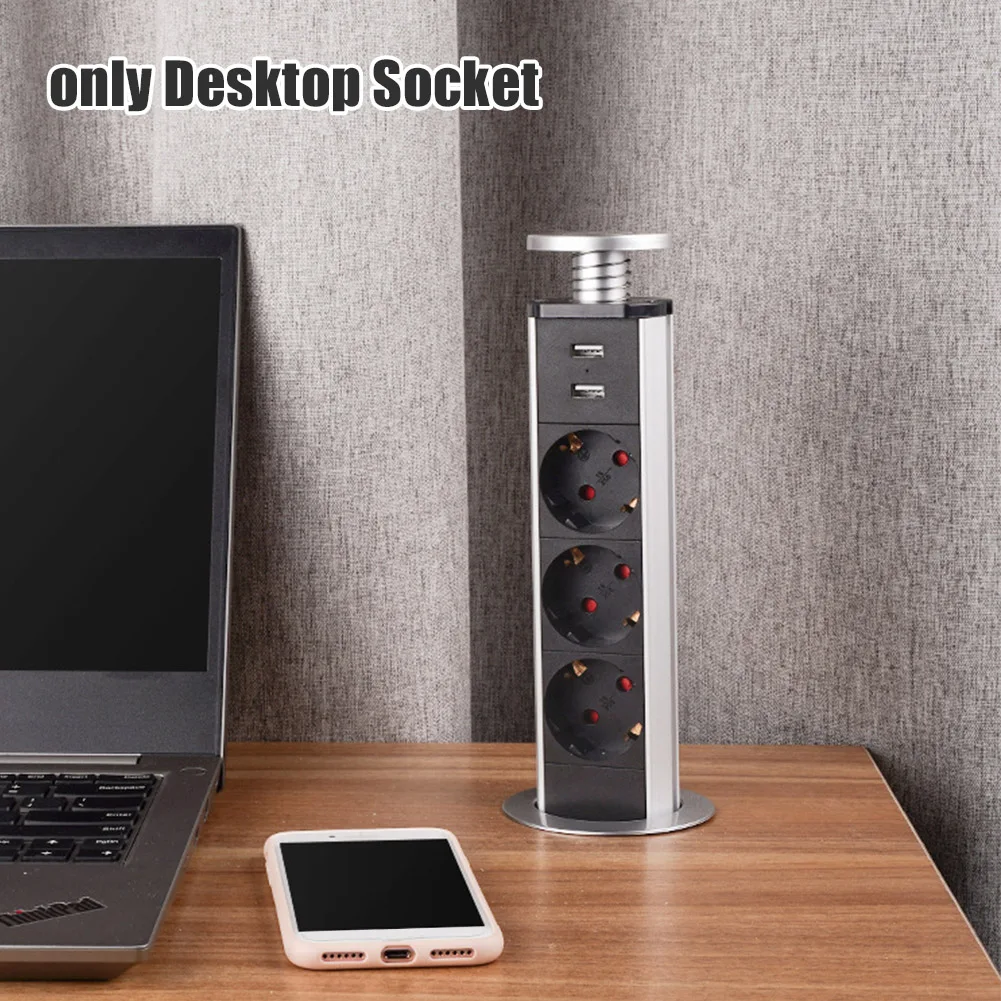 Aluminum Alloy Pulling Power Outlet 3 Plugs Retractable Recessed Desktop Socket Baby Proof Charging Station 2 USB Port Compact afbeelding