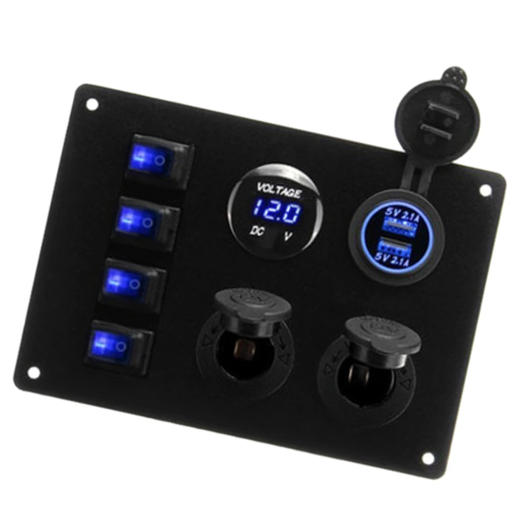 Car Marine Switch Panel, Boat Rocker Switch Panel, 4 Gang With Voltmeter/5V 2.1A 2-Charger/ Lighter