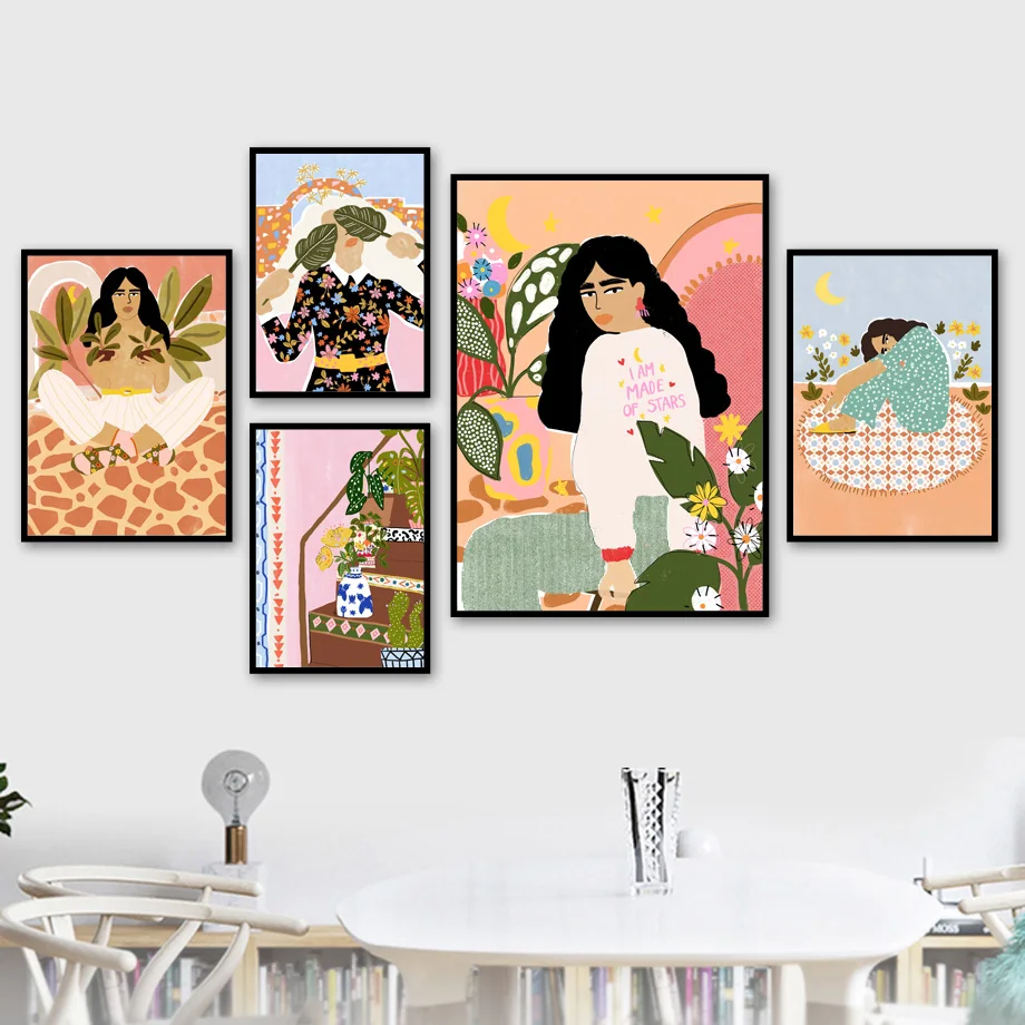 

Fashion Vintage Girl Leaves illustration Wall Art Canvas Painting Picture Nordic Poster Wall Pictures For Living Room Unframed