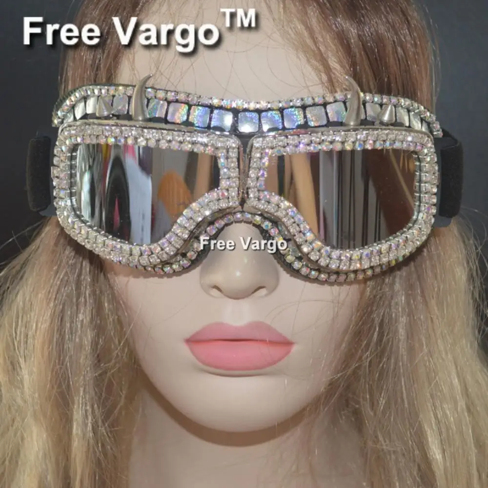 

Holographic Rhinestone Rivet Rave Streampunk Burning Man Spike Costume Cyber Goth Goggles Masquerade Mask For Women