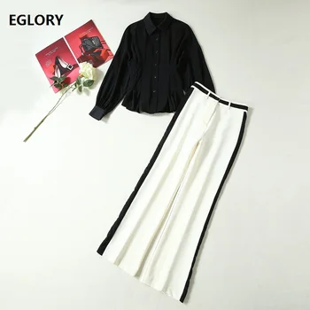 

New Korean Fashion Clothing Sets 2019 Autumn Casual Work Suit Women Cross String Black Tops Shirt+Full Length White Pant Set 2pc