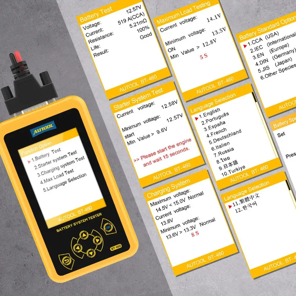 AUTOOL BT460 Car Battery Tester Automobile Battery Analyzer Load Tester Machine Charging Starting Systems 12V 24V