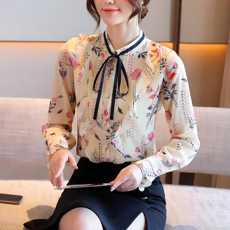 

Korean Chiffon Women Shirts Women Long Sleeve Shirts Woman Print Blouse Woman Floral Tops Plus Size Blusas Femininas Elegante