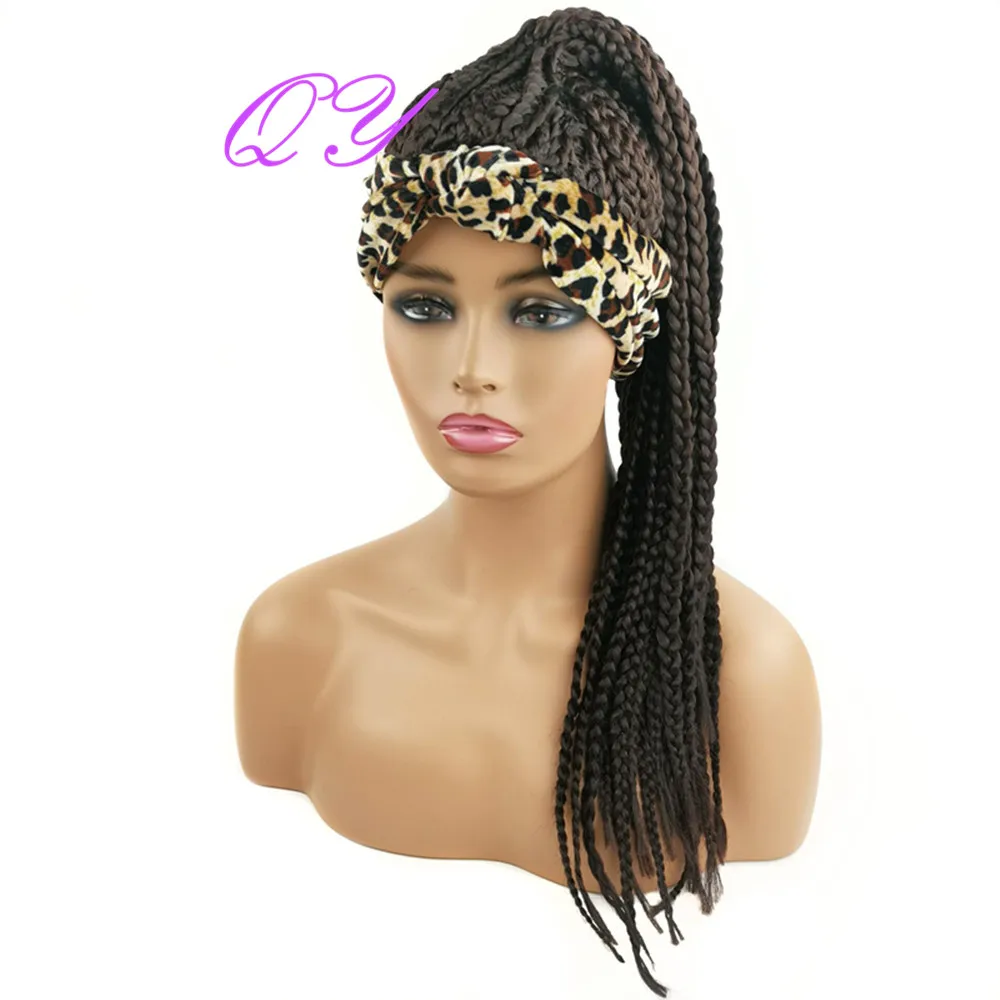 

QY Hair HeadBand Wig Synthetic Box Braided Wig Leopard Turban Wrap Brown Wigs for African Women