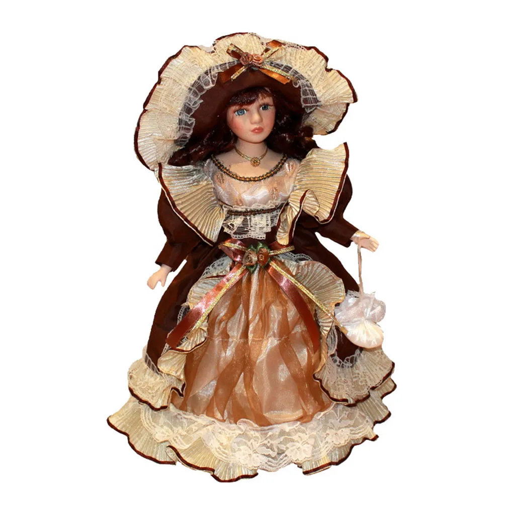 40cm Vintage Style Porcelain Dolls In Dress Hat With Display Stands