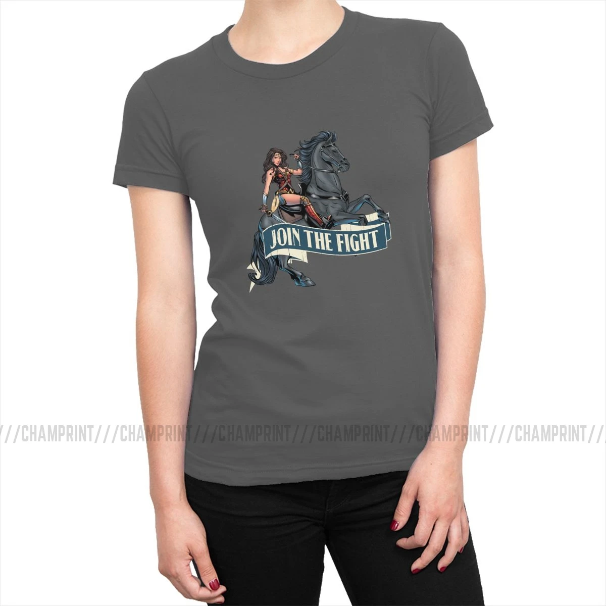 Wonder Woman On Horse футболка Женская Классическая хлопковая Футболка с супергероями Tumblr футболка с круглым вырезом Женская одежда с графикой - Цвет: Темно-серый