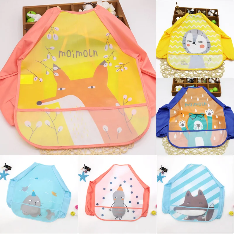 

Cartoon Animal Children Artist Painting Long Sleeves Aprons Toddler Baby Waterproof Bib with Pocket