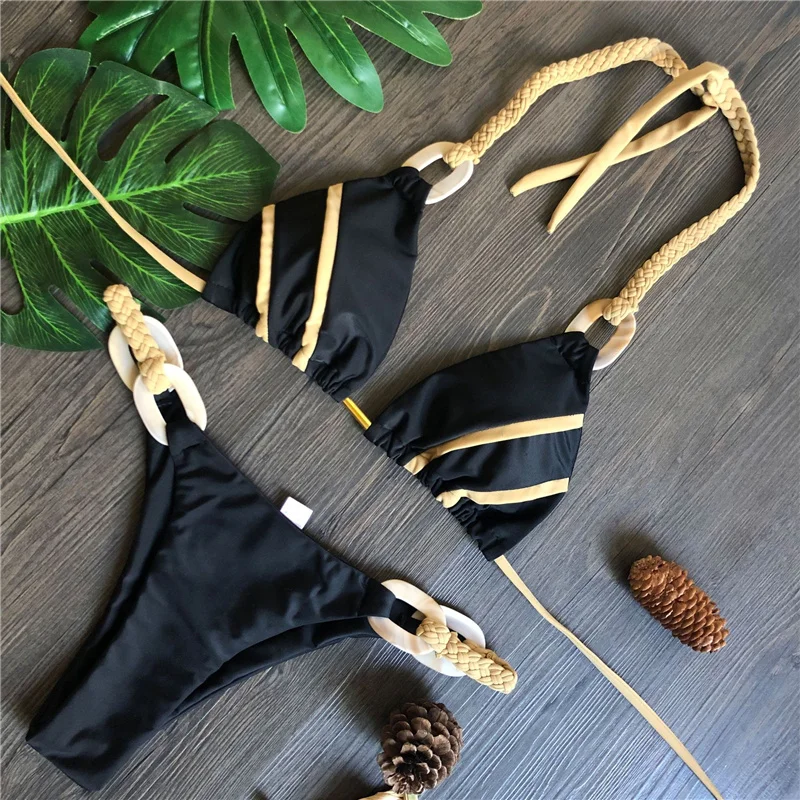 Weave triangle swimsuit separate biquinis women new two piece suit Ring sexy bathing suit swimming Halter micro swimwear