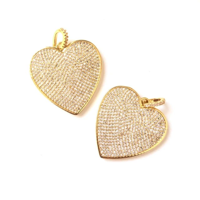 5Pcs Heart Charms Gold Plated Cubic Zirconia Paved Pendant 24x24.5mm For  Woman Bracelet Necklace Handcraft Jewelry Accessories