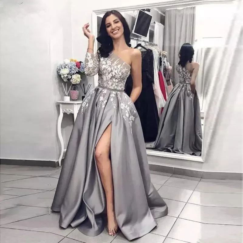 

2020 Silver Grey Slit Prom Dresses Single One Long Sleeve Lace Applique Women Black Girl Party Evening Wear Pageant Gowns Custom
