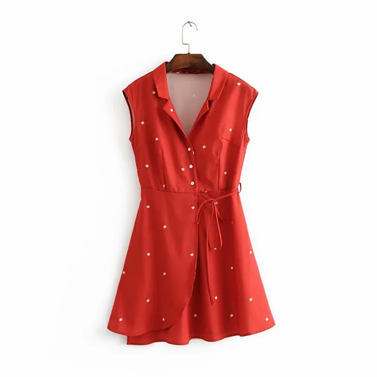 

2019 Europe And America Spring New Style WOMEN'S Dress Front Buckle Red Floral Printed Dress Lace-up Sleeveless Short Skirt