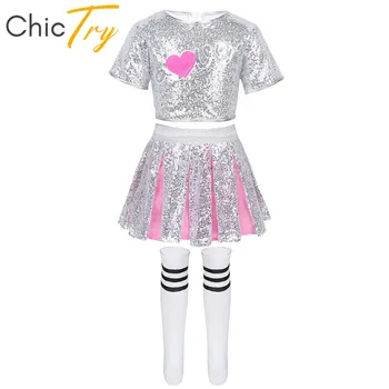 

ChicTry Kids Girls Shiny Sequins Crop Tops with Skirt Striped Socks Dancewear Set Stage Performance Hip Hop Jazz Dance Costume