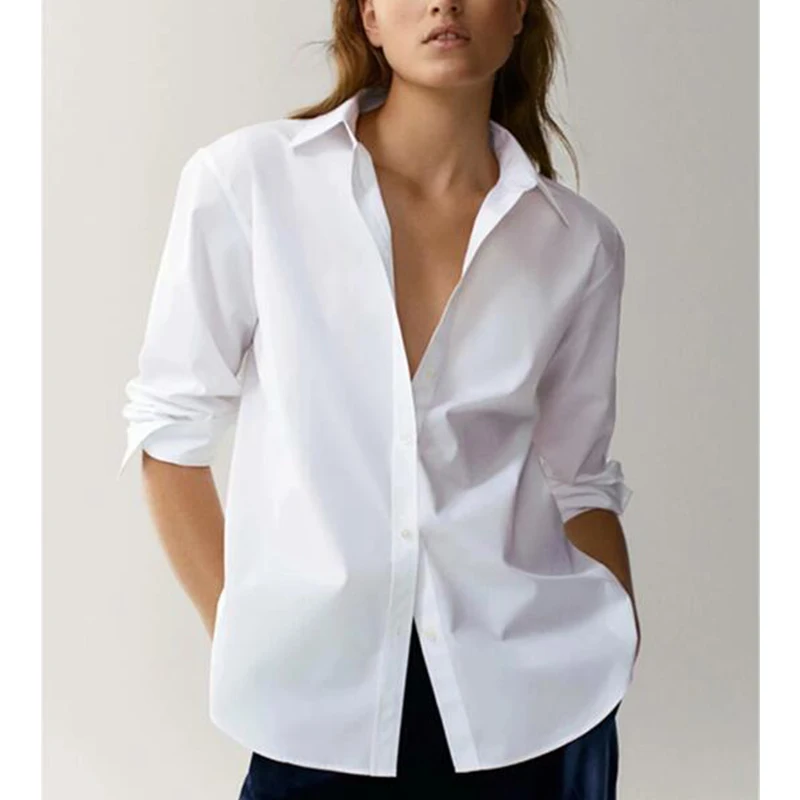 Women's White Poplin Office Blouse - Classic Button-Up Shirt