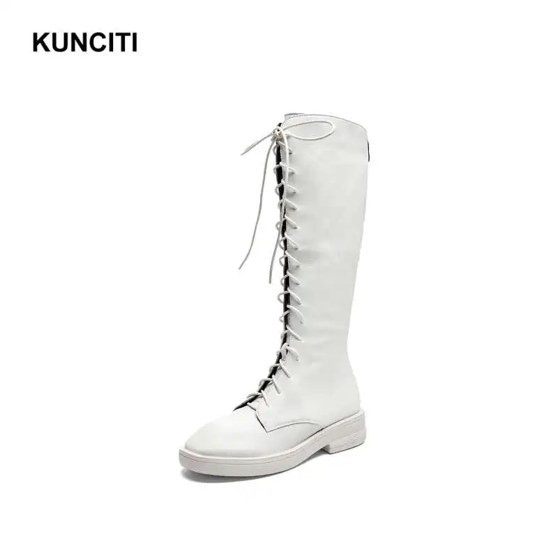 Beige KUNCITI/; женские сапоги до колена из натуральной кожи; женские осенние высокие сапоги на шнуровке; модные дизайнерские женские высокие сапоги; B906 - Цвет: Beige