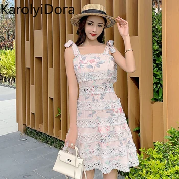 

Spring Summer Holiday Short Dress 2020 Runway Women Spaghetti Strap Floral Print Patchwork Lace Female Fashion Dress